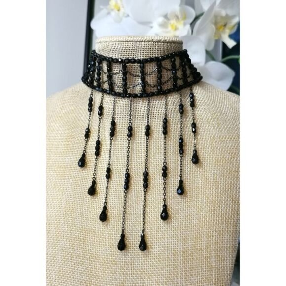 Vintage Black fringe choker necklace Czech crystals - Picture 1 of 8